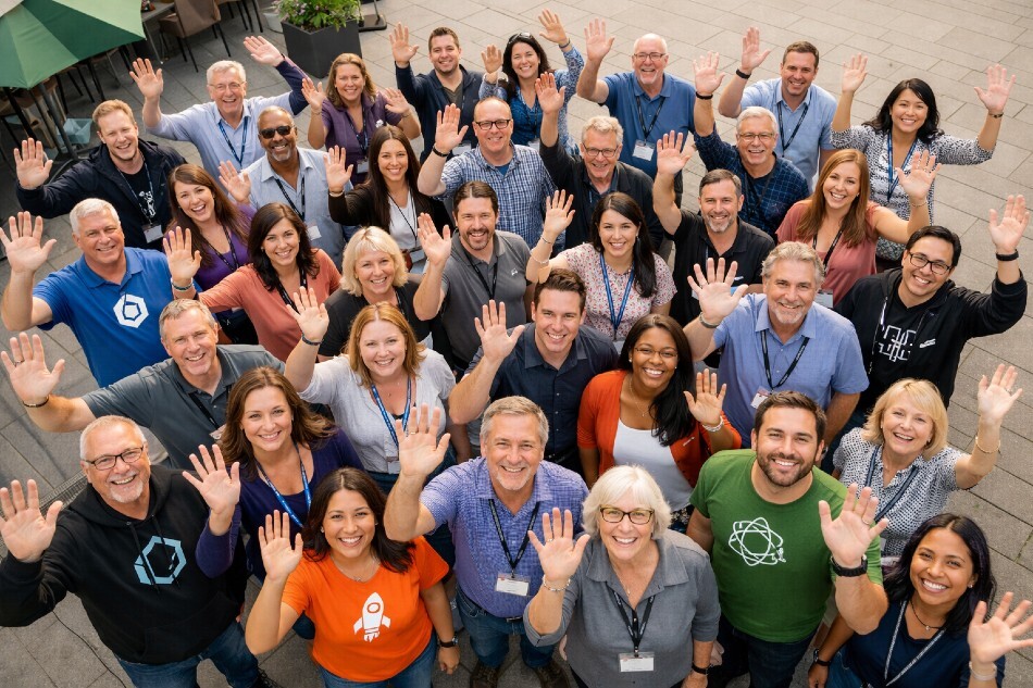Group of people waving at the camera (AI image created by HubSpot)
