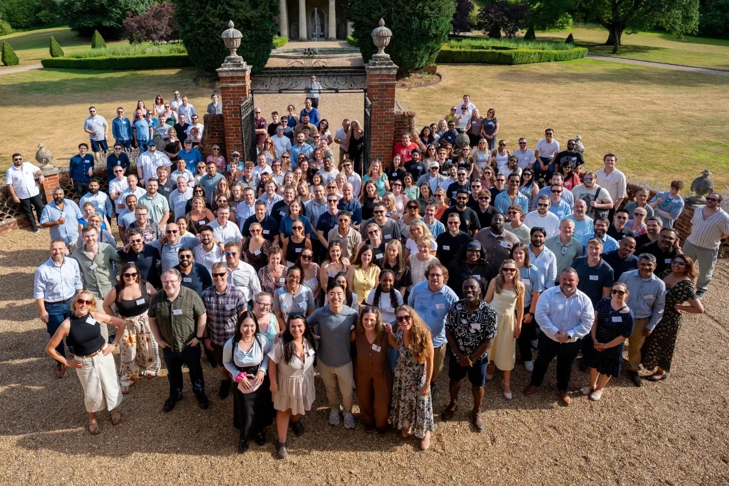 Aerial photo of large group of PCS staff, July 2026