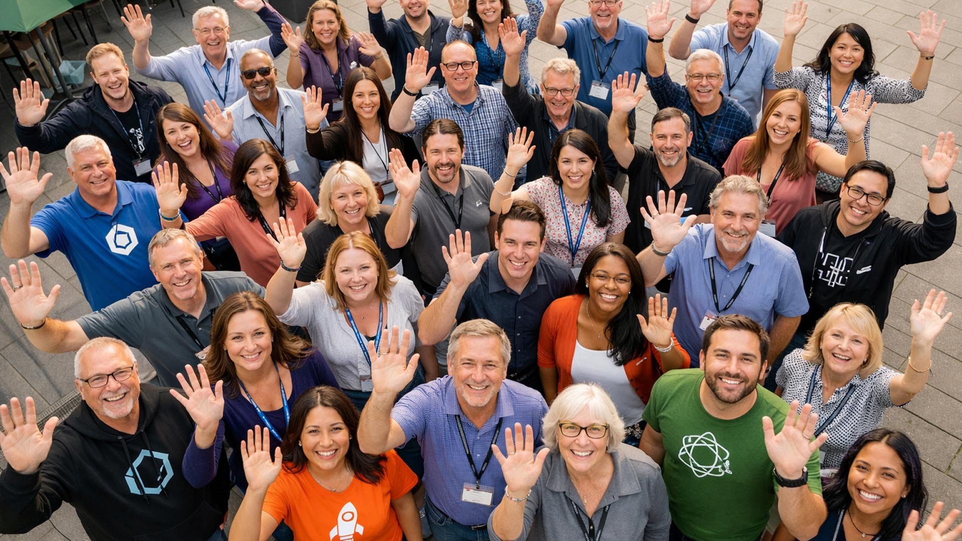 Aerial photo of a group of people from different tech companies
