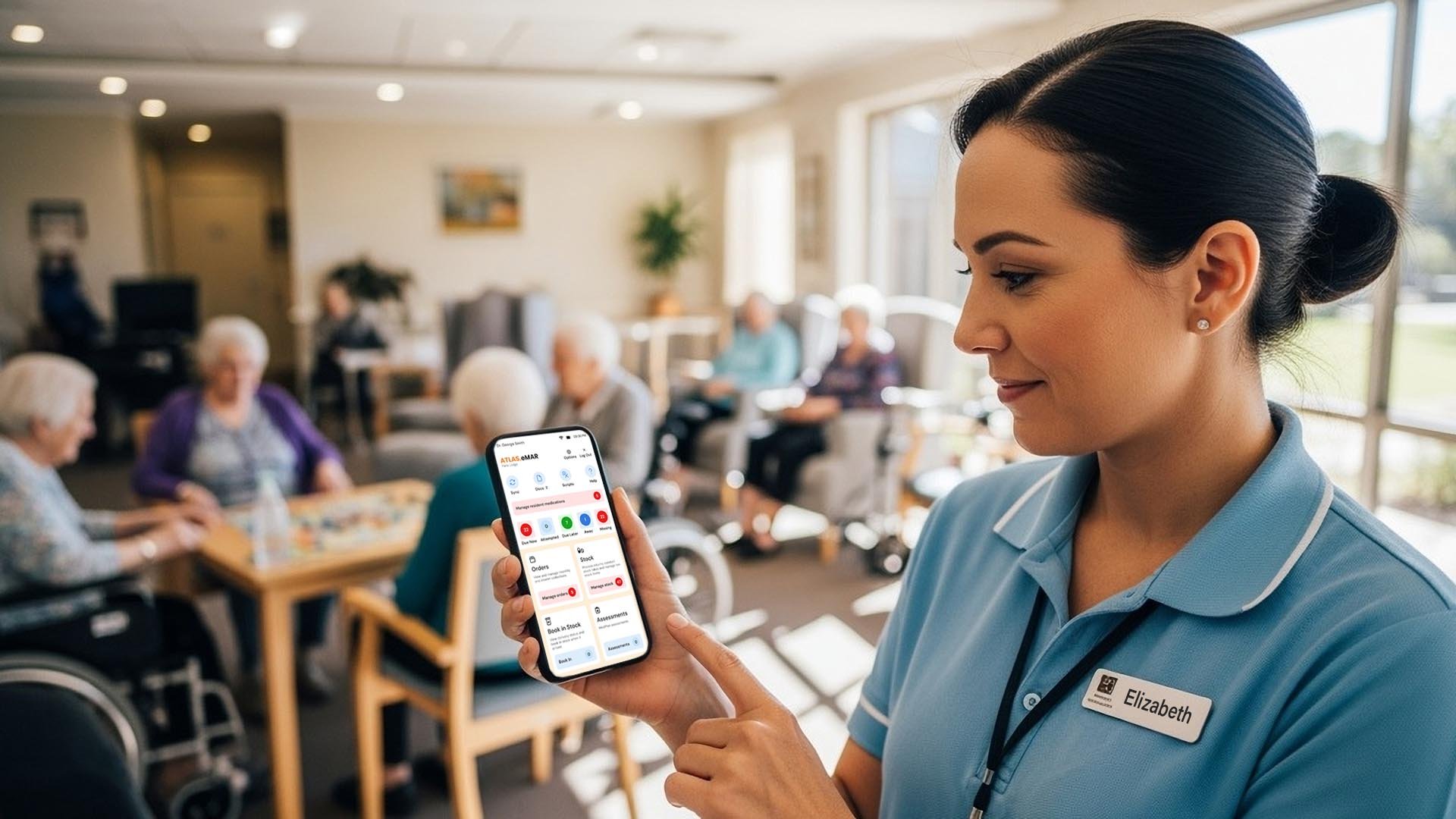 Carer uses PCS Care with residents in the background