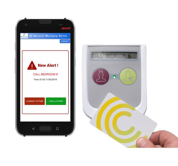 Nursecall UI on mobile screen and call button