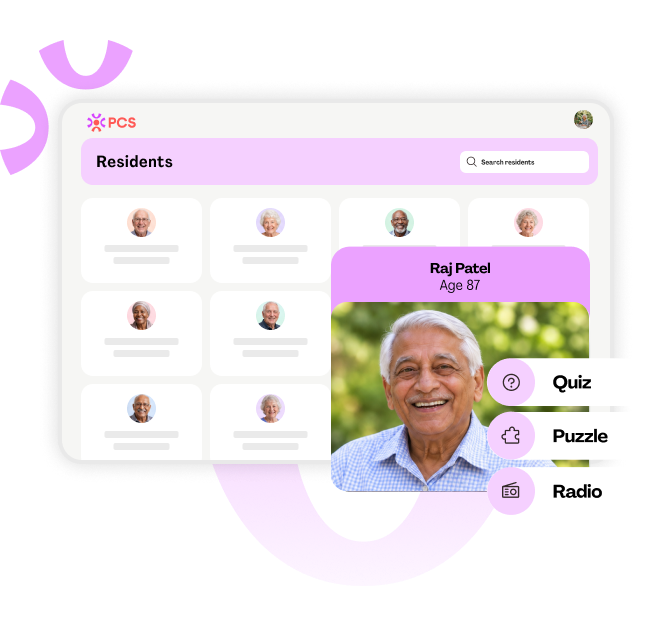 PCS Wellbeing UI illustration resident profile and activities