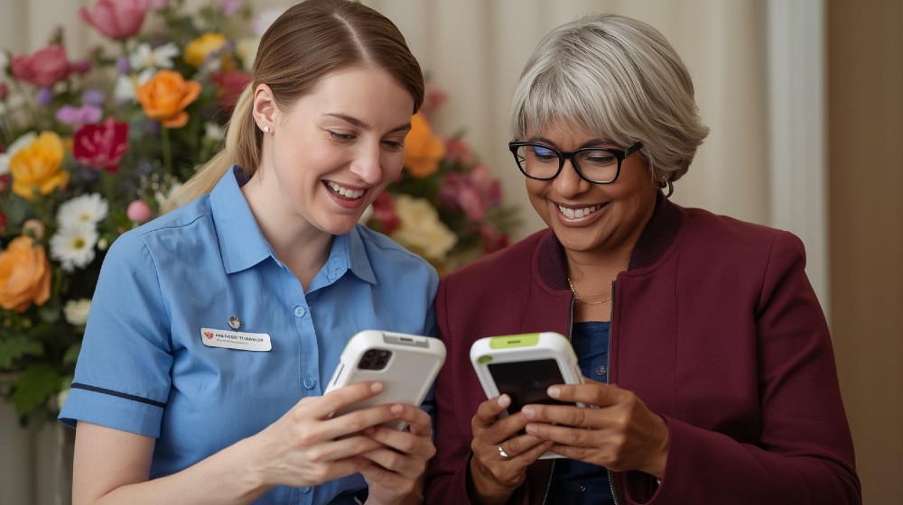 Care staff compare handheld digital devices