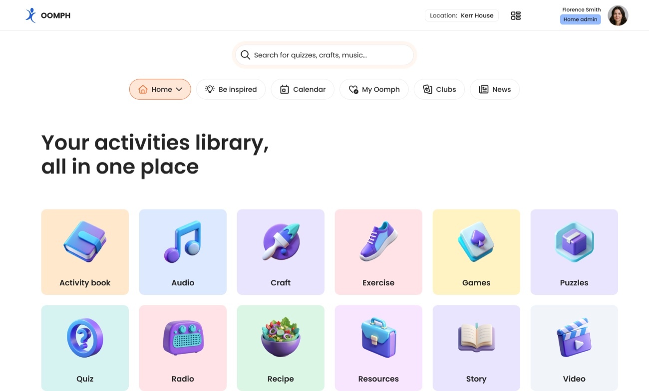 The Oomph activities library — activity book, audio, craft, exercise, games, puzzles, quiz, radio, recipe, resources, story and video in one searchable place.