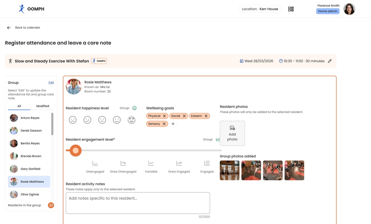 Registering attendance in Oomph — resident happiness level, engagement level, wellbeing goals, activity notes and photos.