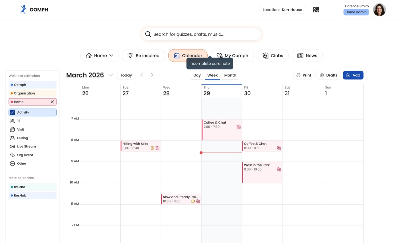 The Oomph wellbeing calendar showing a planned week of activities, with Oomph, organisation, home and mCare calendars in one view.
